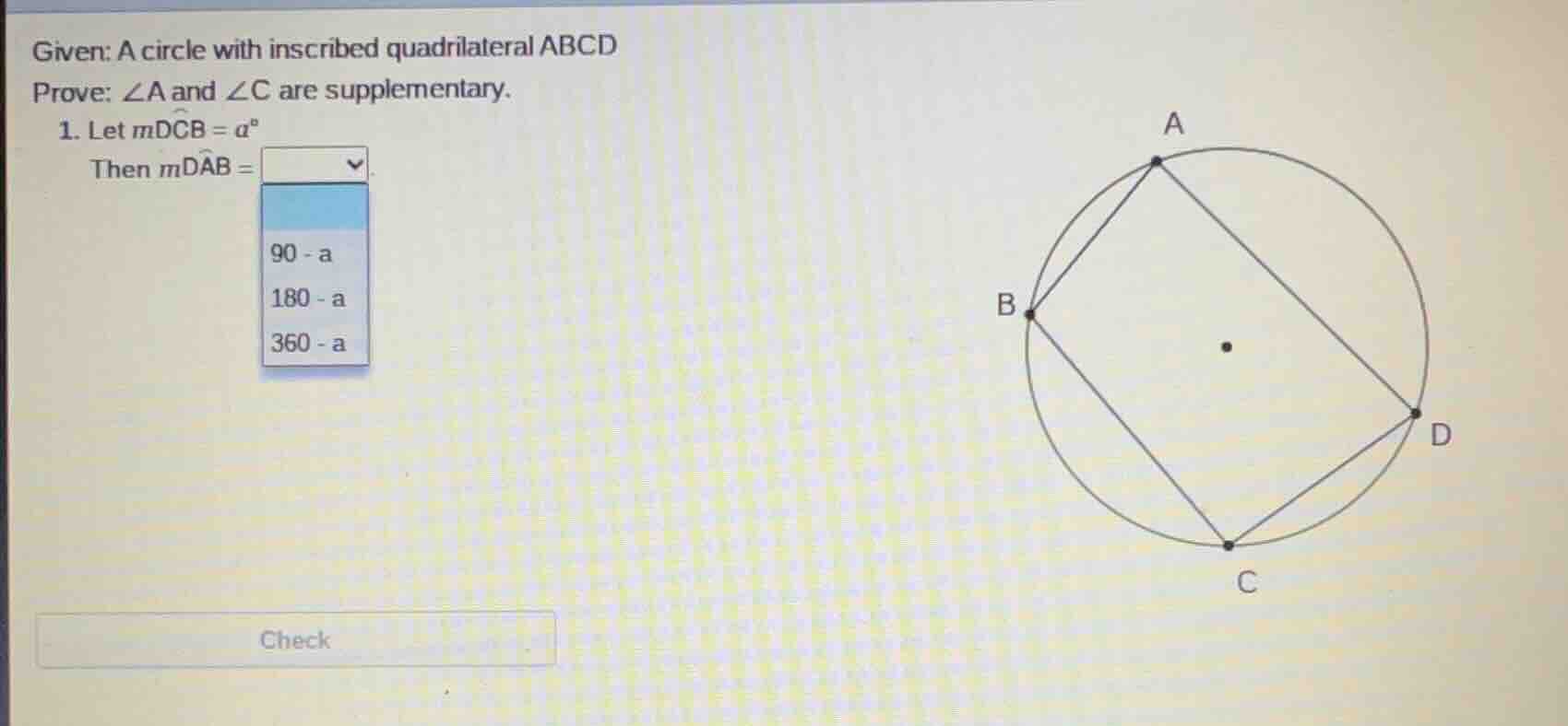 given: a circle with inscribed quadrilateral abcd prove: ∠a and ∠c are …