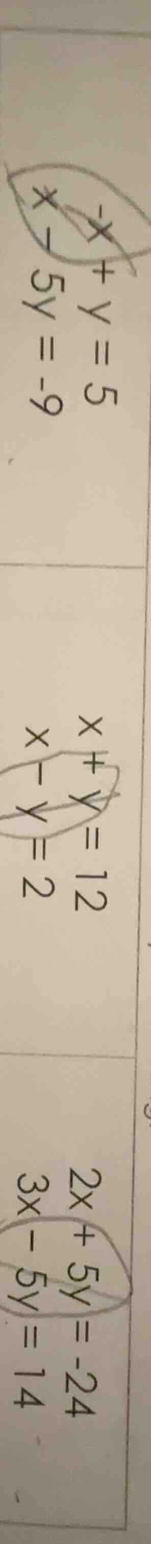-x + y = 5 x - 5y = -9 x + y = 12 x - y = 2 2x + 5y = -24 3x - 5y = 14