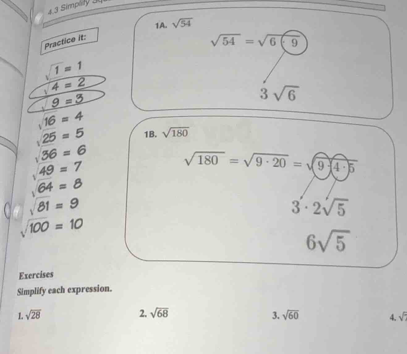 4.3 simplify practice it: \\(\\sqrt{1} = 1\\) \\(\\sqrt{4} = 2\\) \\(\\…