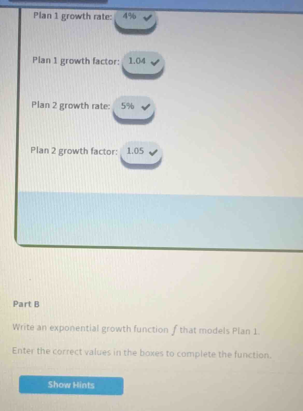 plan 1 growth rate: 4% ✔️ plan 1 growth factor: 1.04 ✔️ plan 2 growth r…