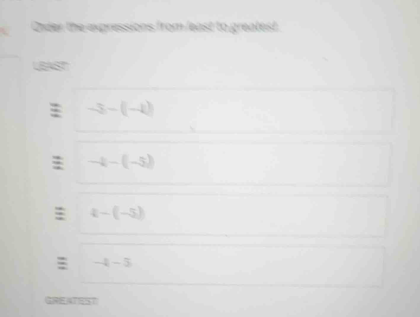 order the expressions from least to greatest. least -3 - (-4) -4 - (-5)…