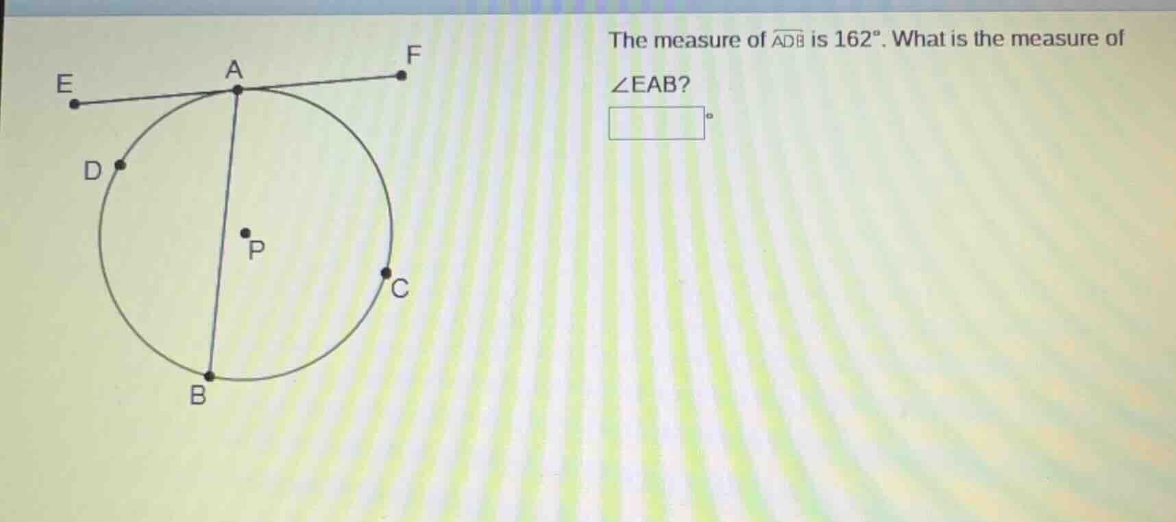 the measure of \\(\\overarc{adb}\\) is \\(162^\\circ\\). what is the me…