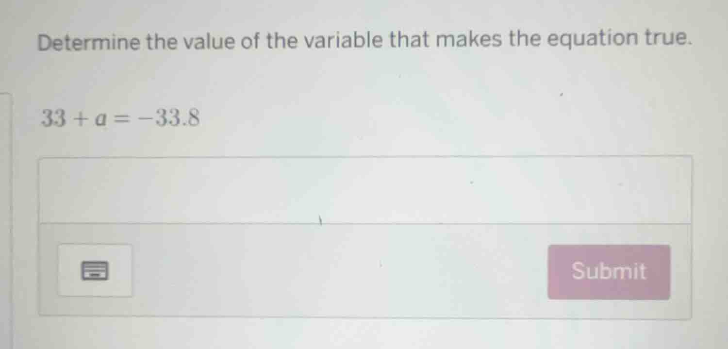 determine the value of the variable that makes the equation true. 33 + …