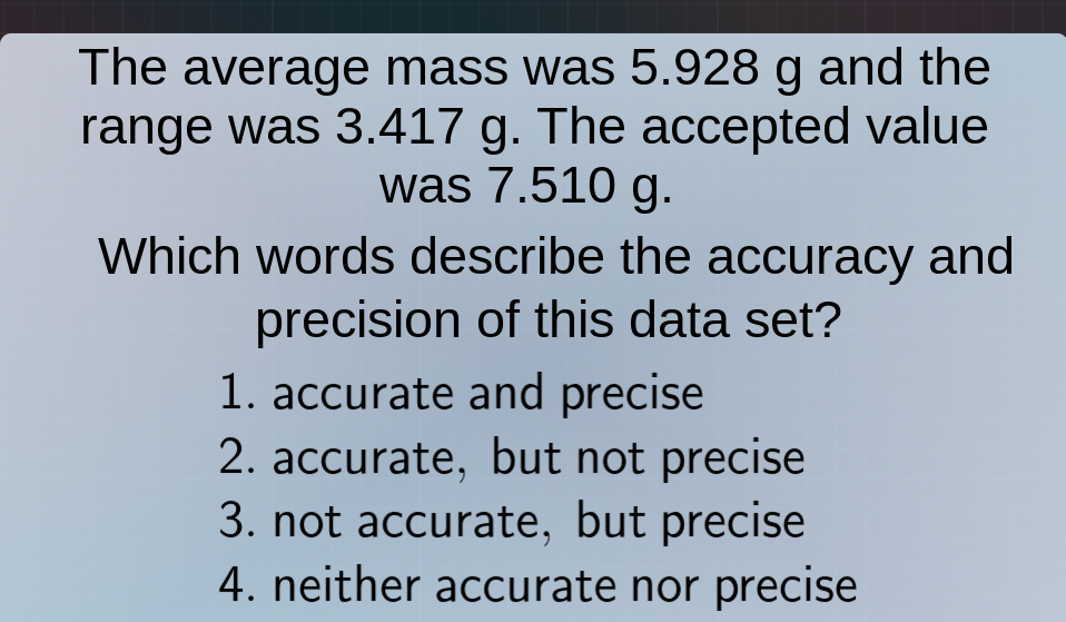 the average mass was 5.928 g and the range was 3.417 g. the accepted va…