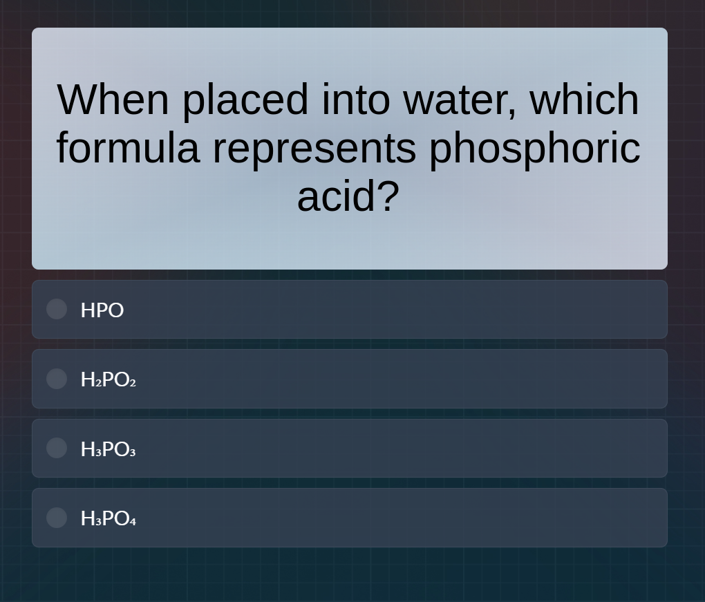 when placed into water, which formula represents phosphoric acid? hpo h…