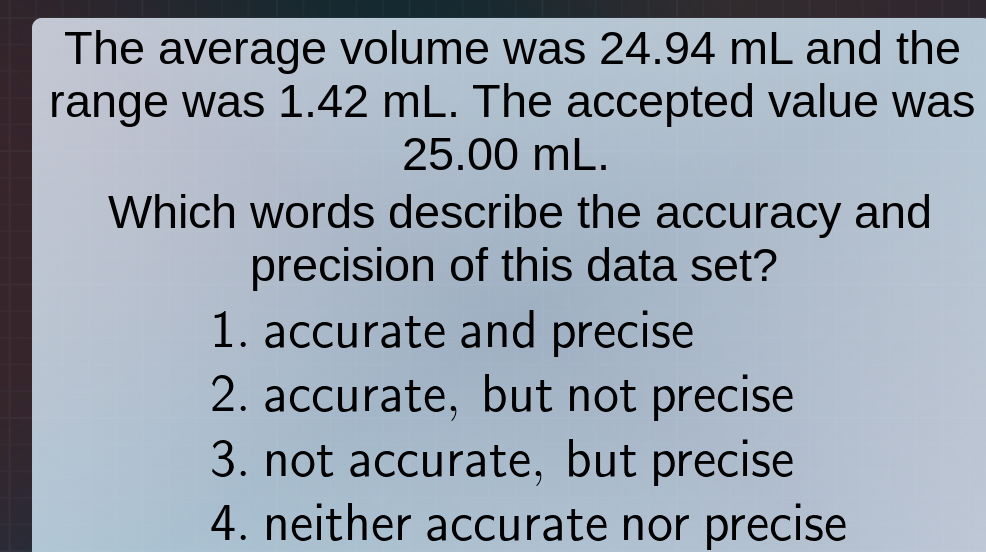 the average volume was 24.94 ml and the range was 1.42 ml. the accepted…