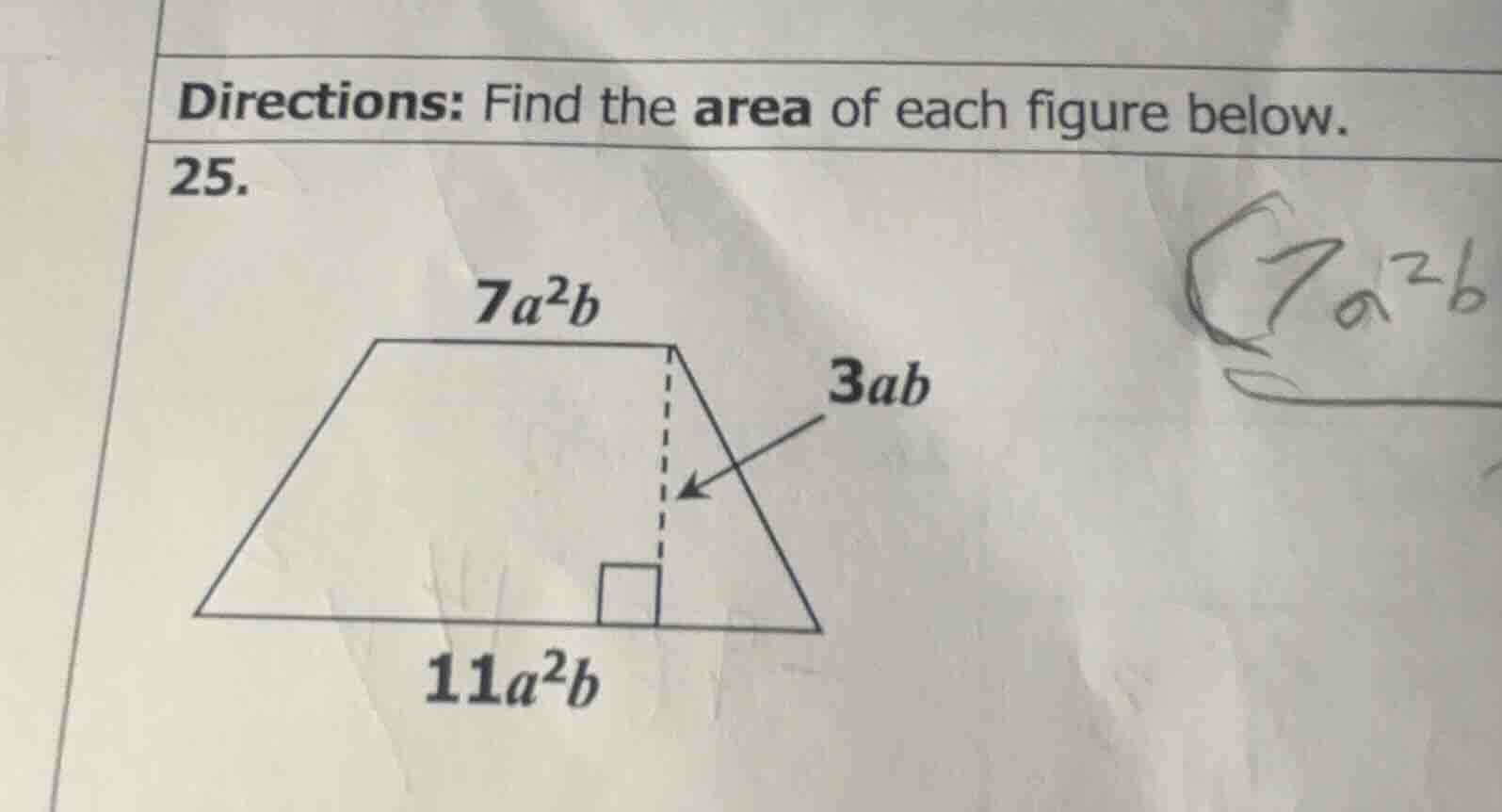directions: find the area of each figure below. 25. (figure of a trapez…