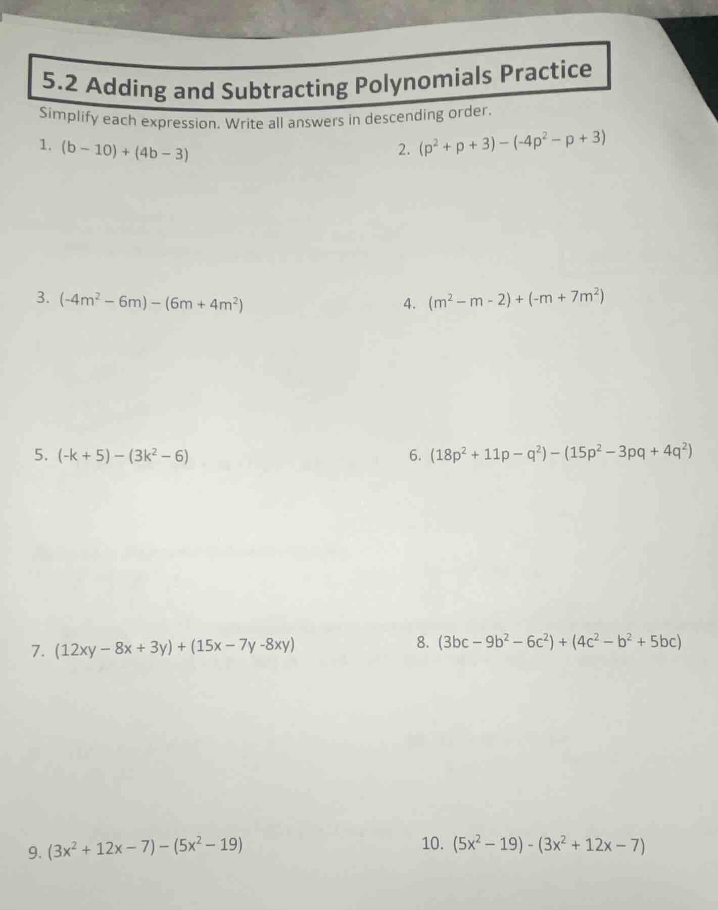 5.2 adding and subtracting polynomials practice simplify each expressio…
