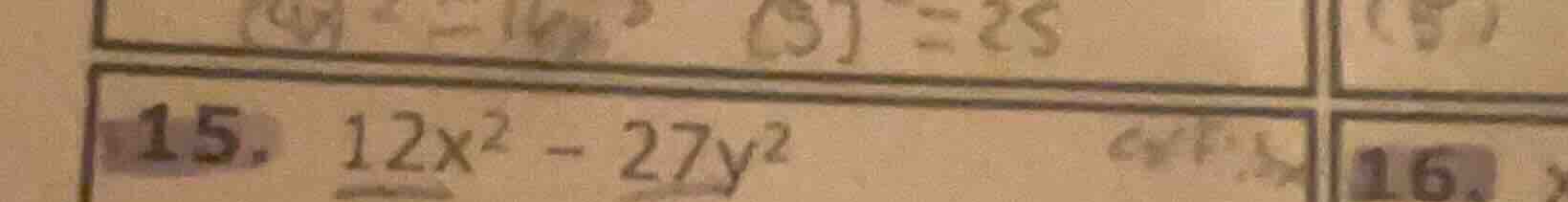 15. $12x^2 - 27y^2$