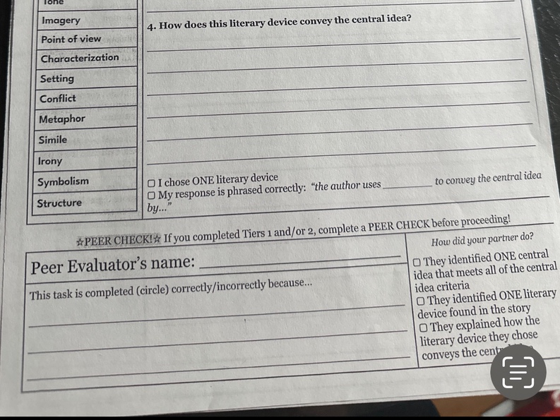 4. how does this literary device convey the central idea? □ i chose one…