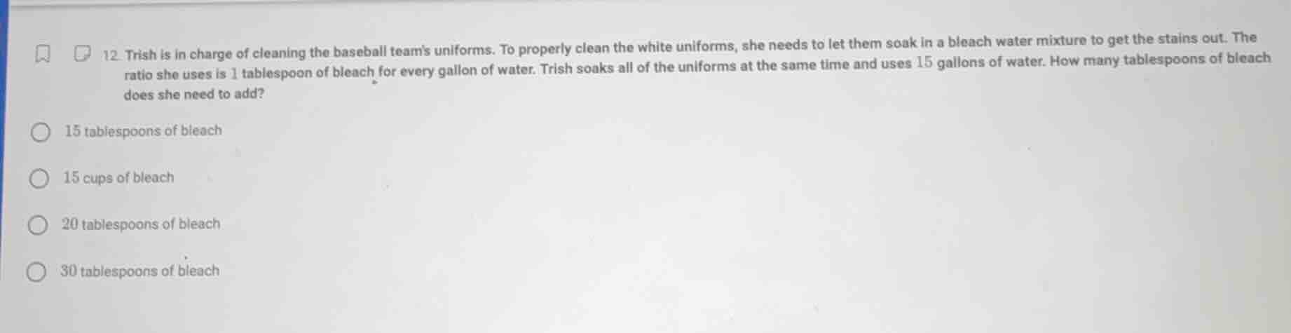 12. trish is in charge of cleaning the baseball teams uniforms. to prop…