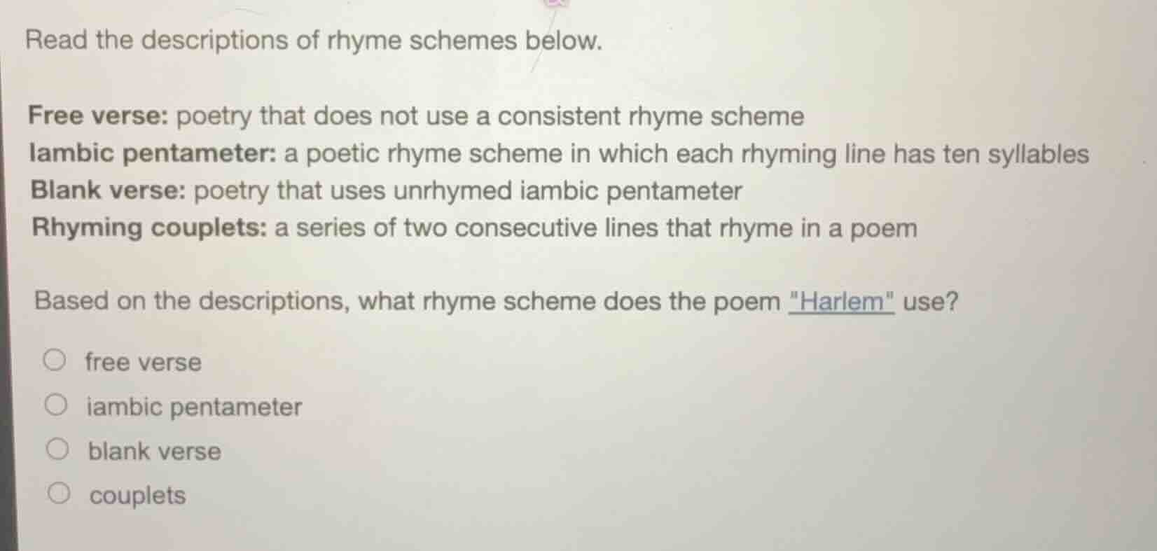 read the descriptions of rhyme schemes below. free verse: poetry that d…