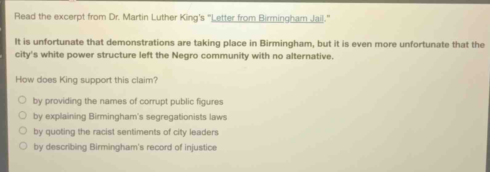 read the excerpt from dr. martin luther king’s “letter from birmingham …