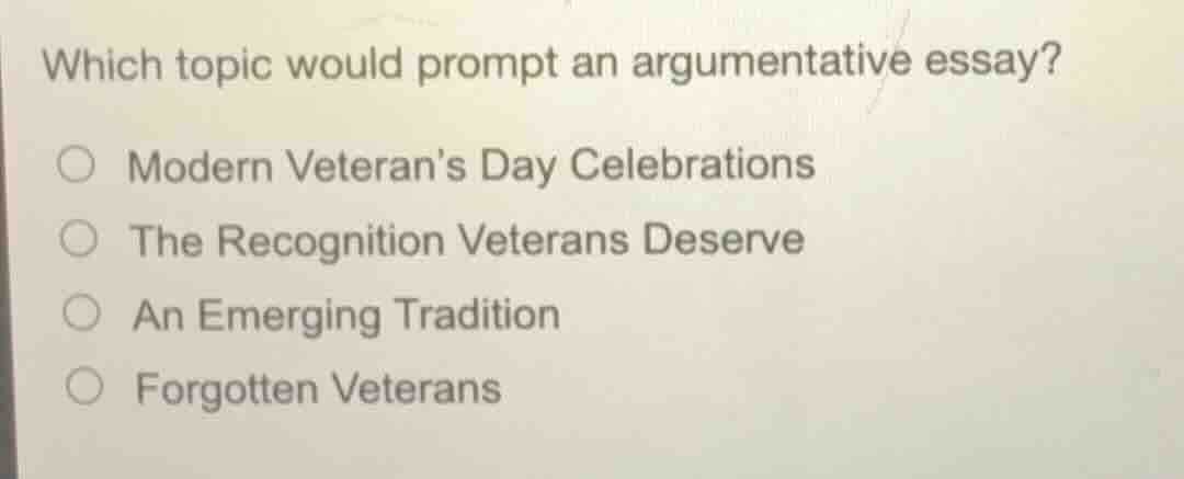 which topic would prompt an argumentative essay? ○ modern veterans day …