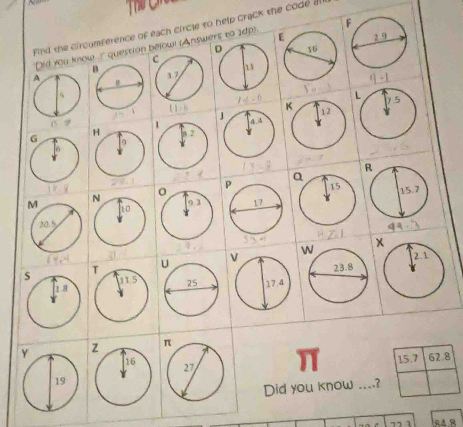 find the circumference of each circle to help crack the code and did yo…