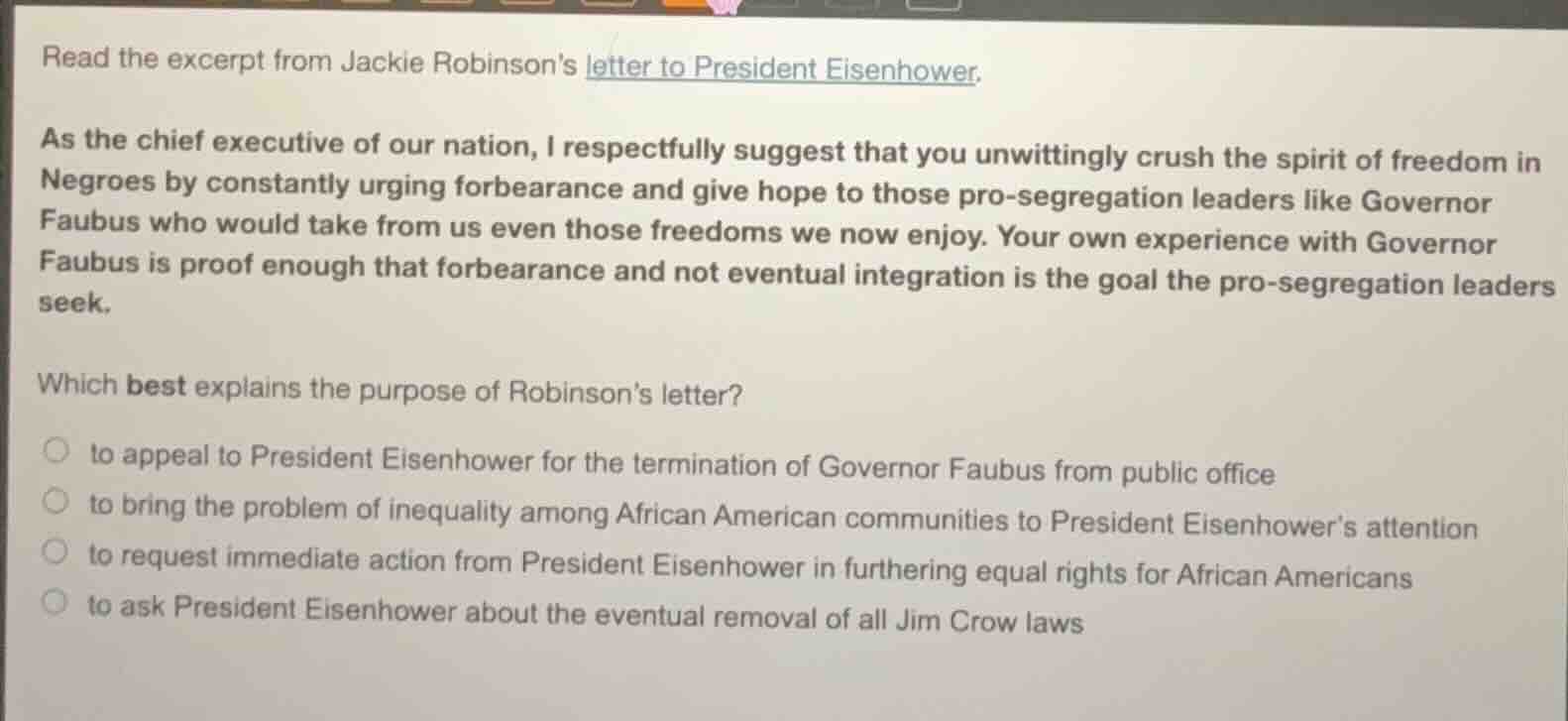 read the excerpt from jackie robinsons letter to president eisenhower. …