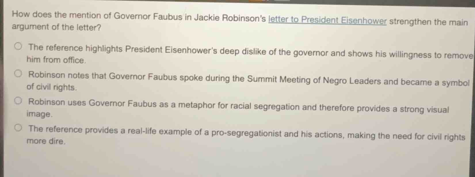 how does the mention of governor faubus in jackie robinson’s letter to …