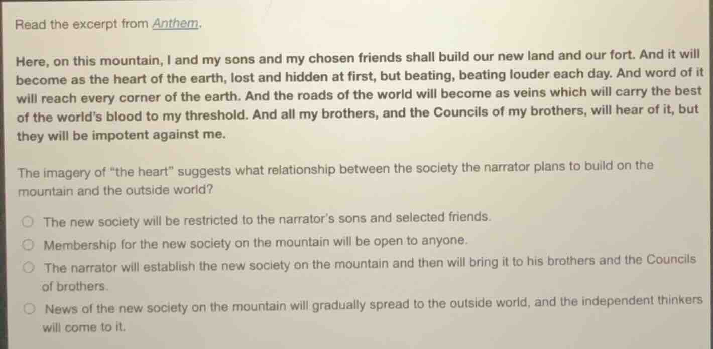 read the excerpt from anthem. here, on this mountain, i and my sons and…