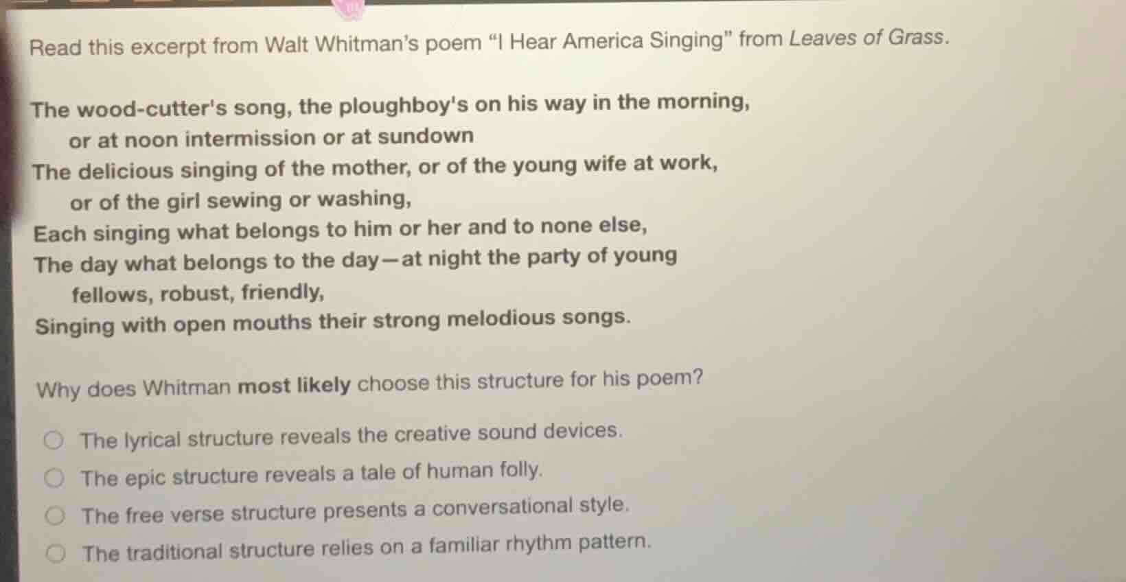 read this excerpt from walt whitman’s poem “i hear america singing” fro…