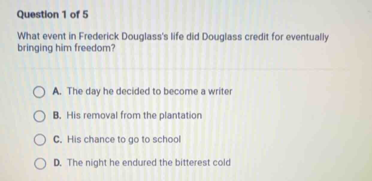 question 1 of 5 what event in frederick douglasss life did douglass cre…