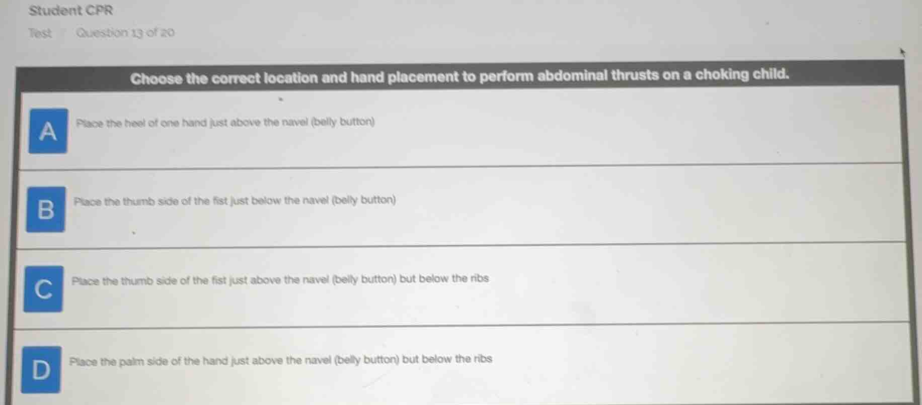 student cpr test question 13 of 20 choose the correct location and hand…