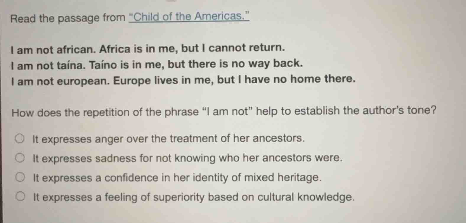 read the passage from \child of the americas.\ i am not african. africa…