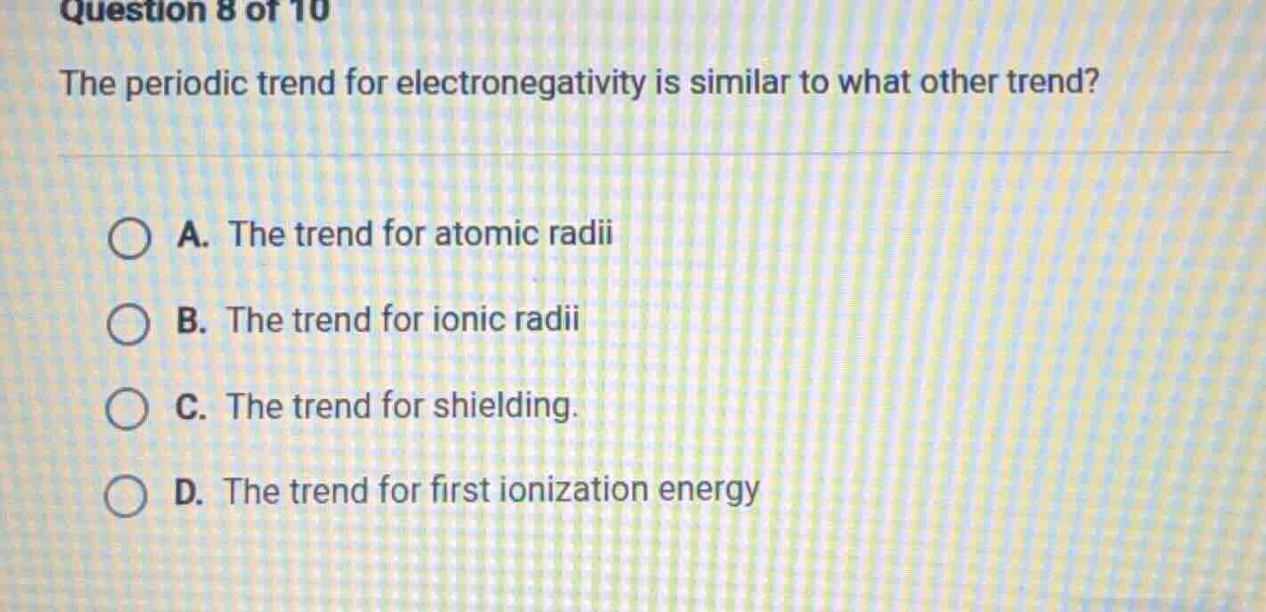 question 8 of 10 the periodic trend for electronegativity is similar to…