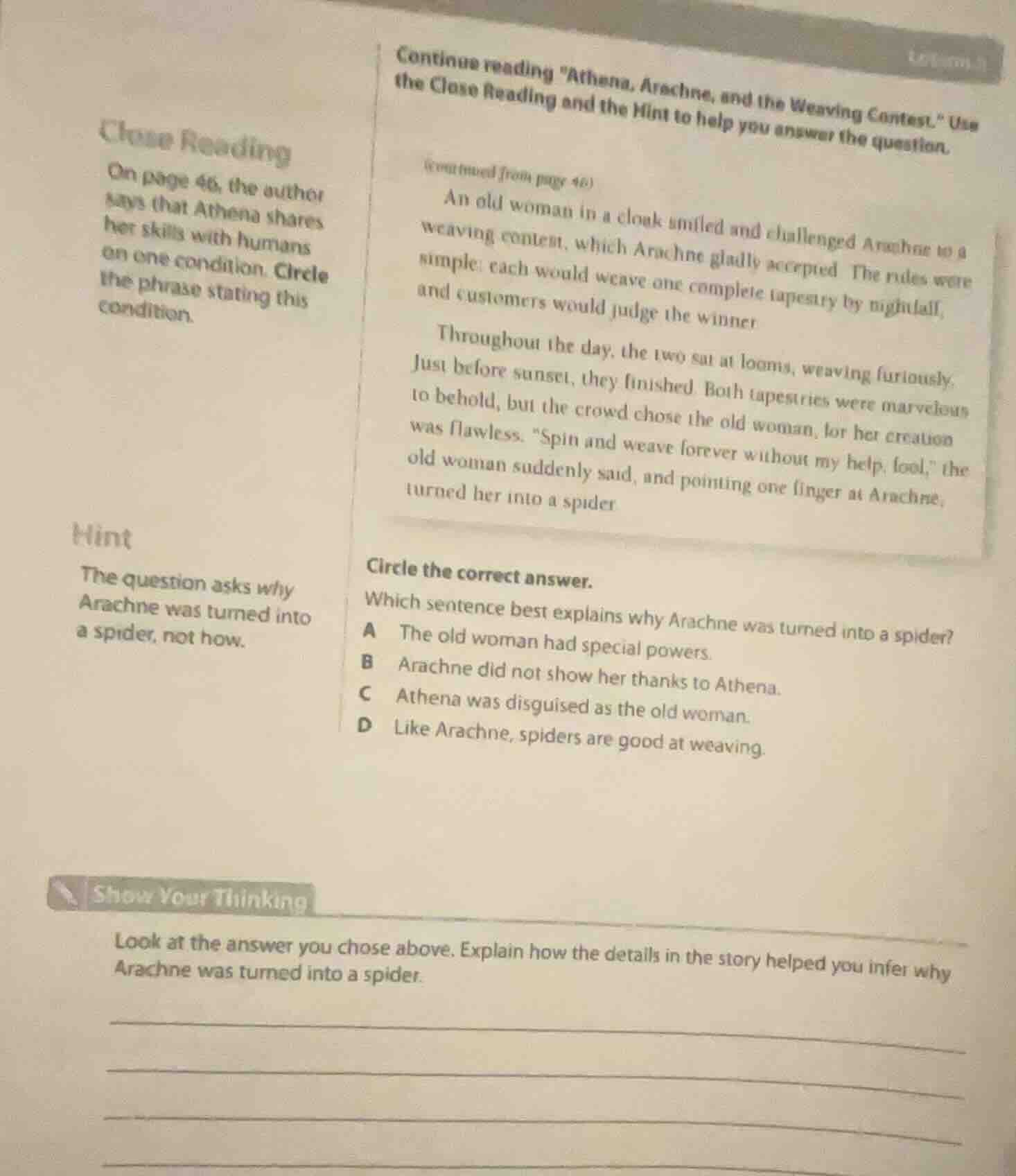 close reading on page 46, the author says that athena shares her skills…
