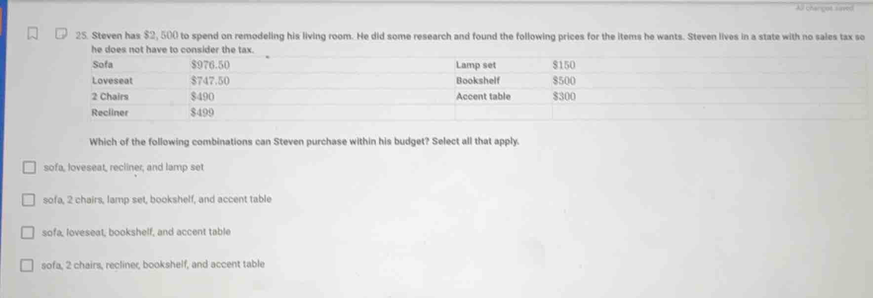 25. steven has $2,500 to spend on remodeling his living room. he did so…