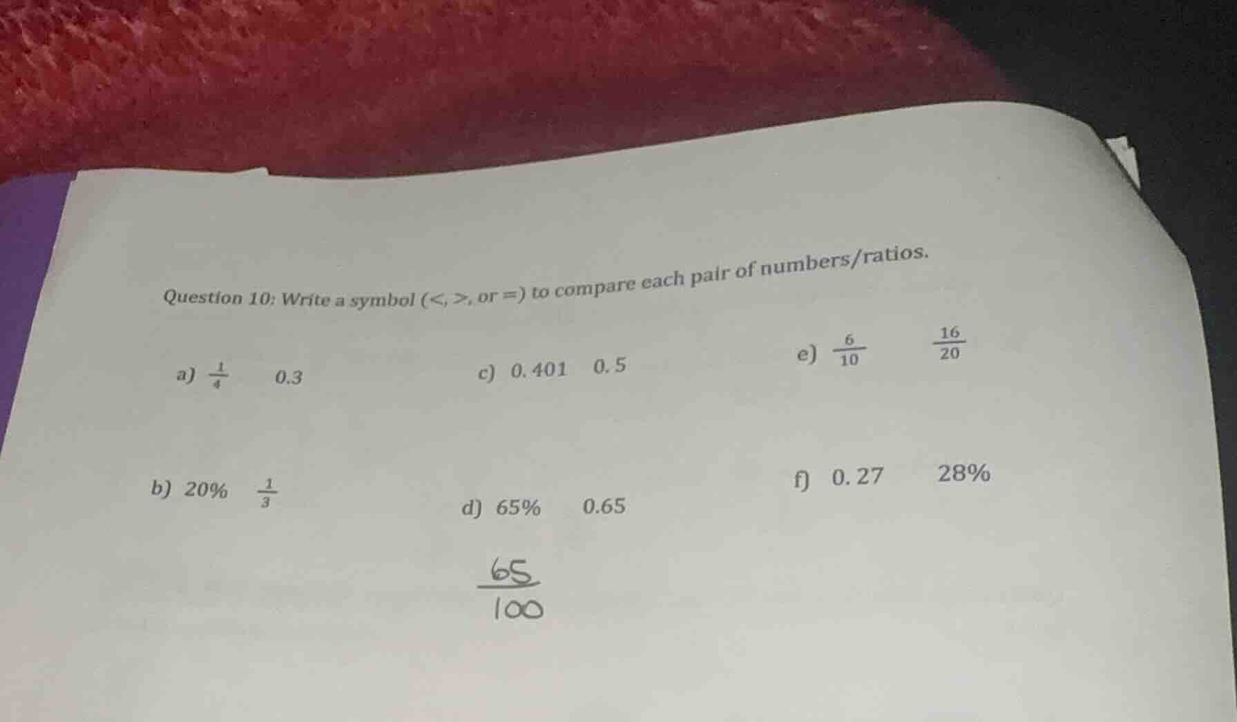 question 10: write a symbol (<, >, or =) to compare each pair of number…