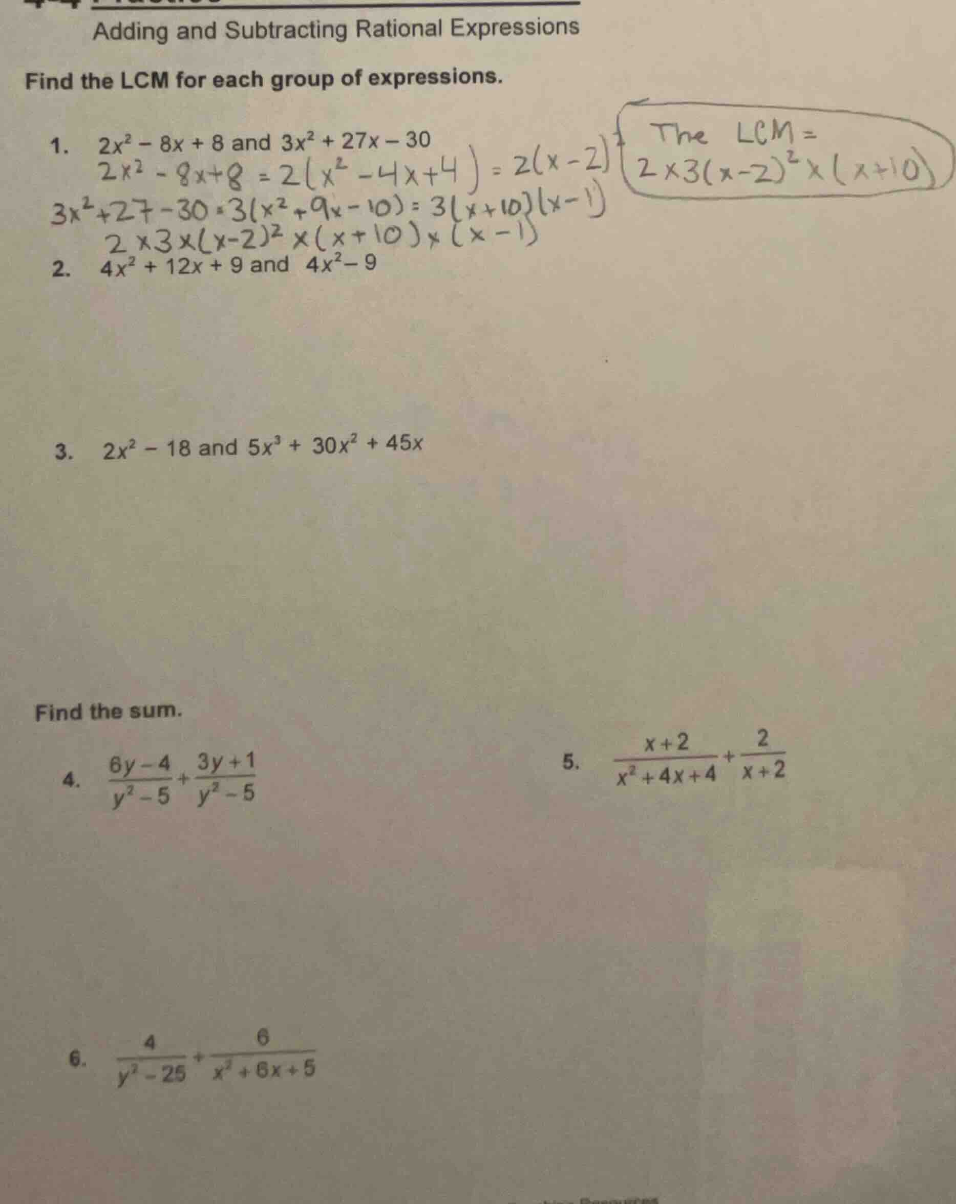 adding and subtracting rational expressions find the lcm for each group…