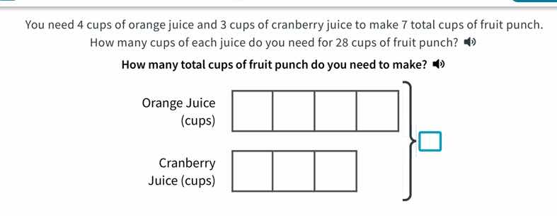 you need 4 cups of orange juice and 3 cups of cranberry juice to make 7…