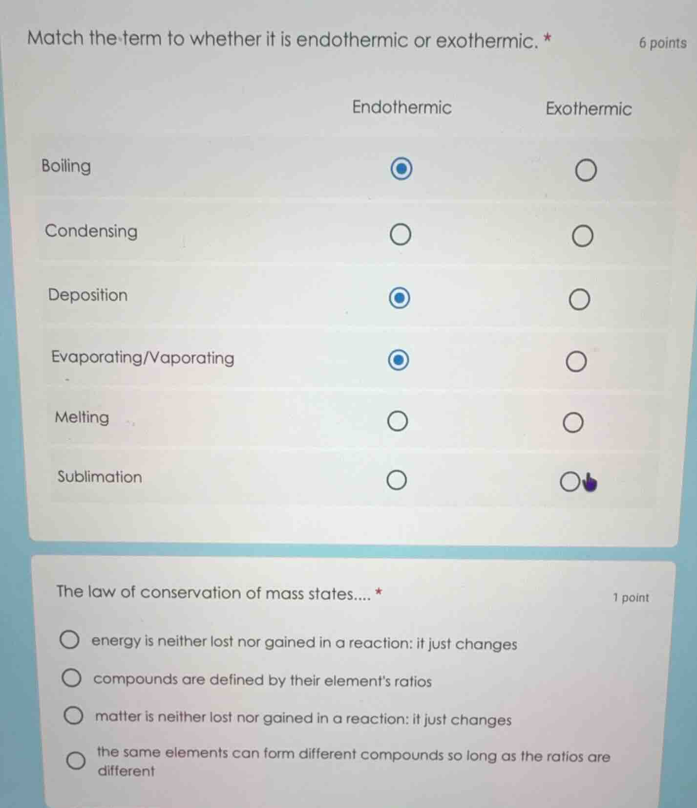 match the term to whether it is endothermic or exothermic. * 6 points e…