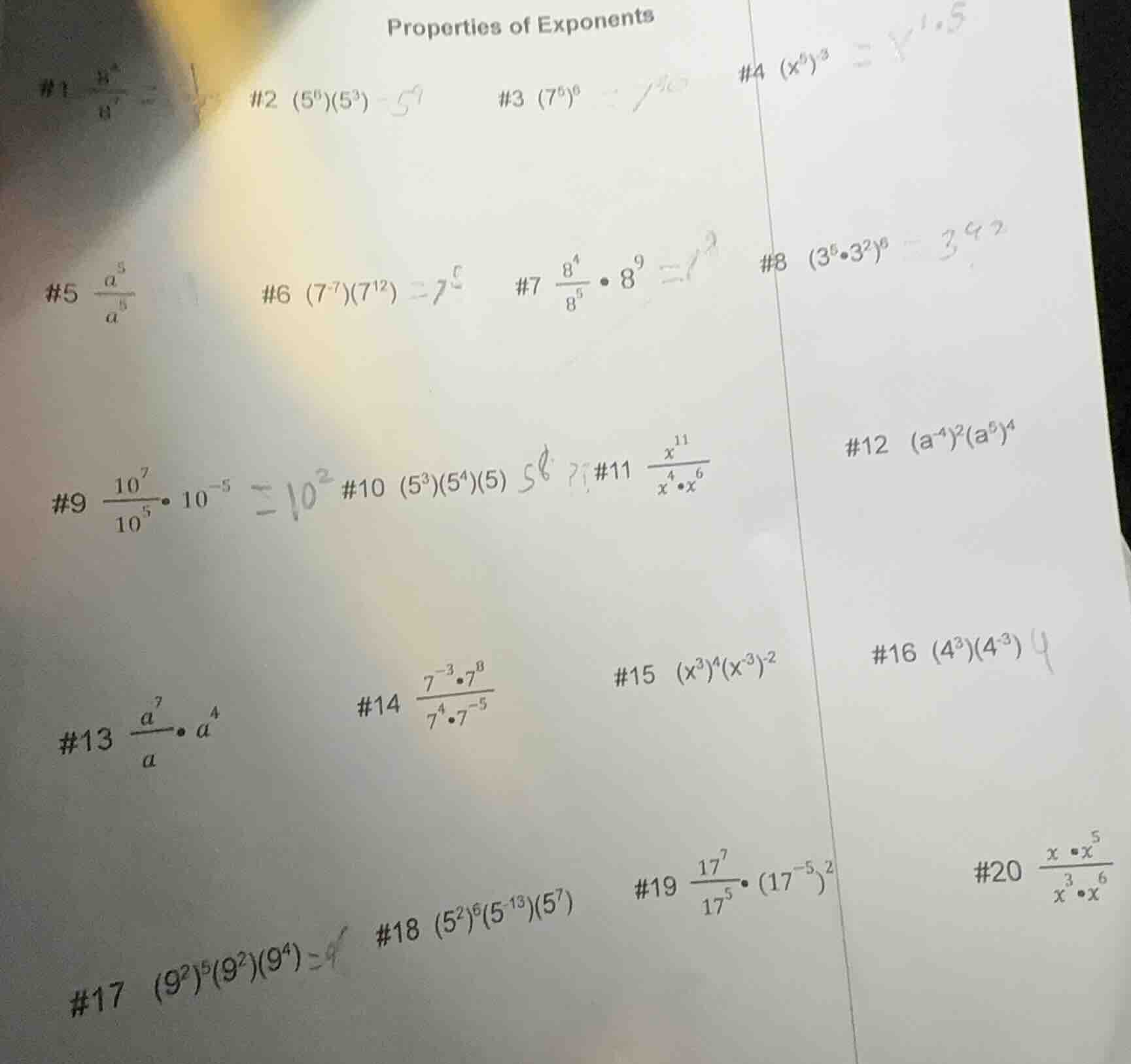 properties of exponents #1 \\(\\frac{9^2}{9^7}\\) #2 \\((5^6)(5^3)\\) #…