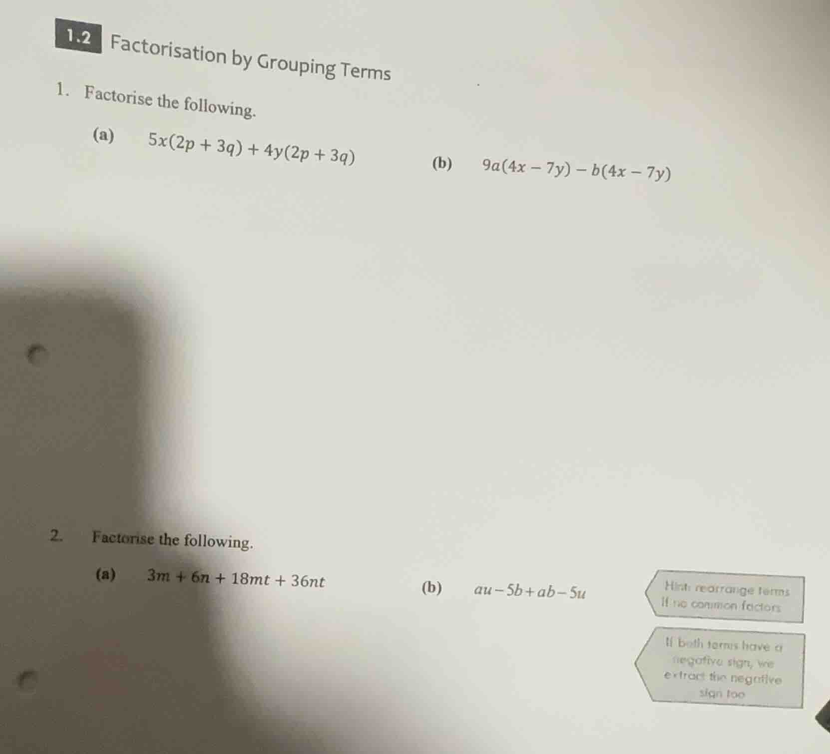 1.2 factorisation by grouping terms 1. factorise the following. (a) $5x…