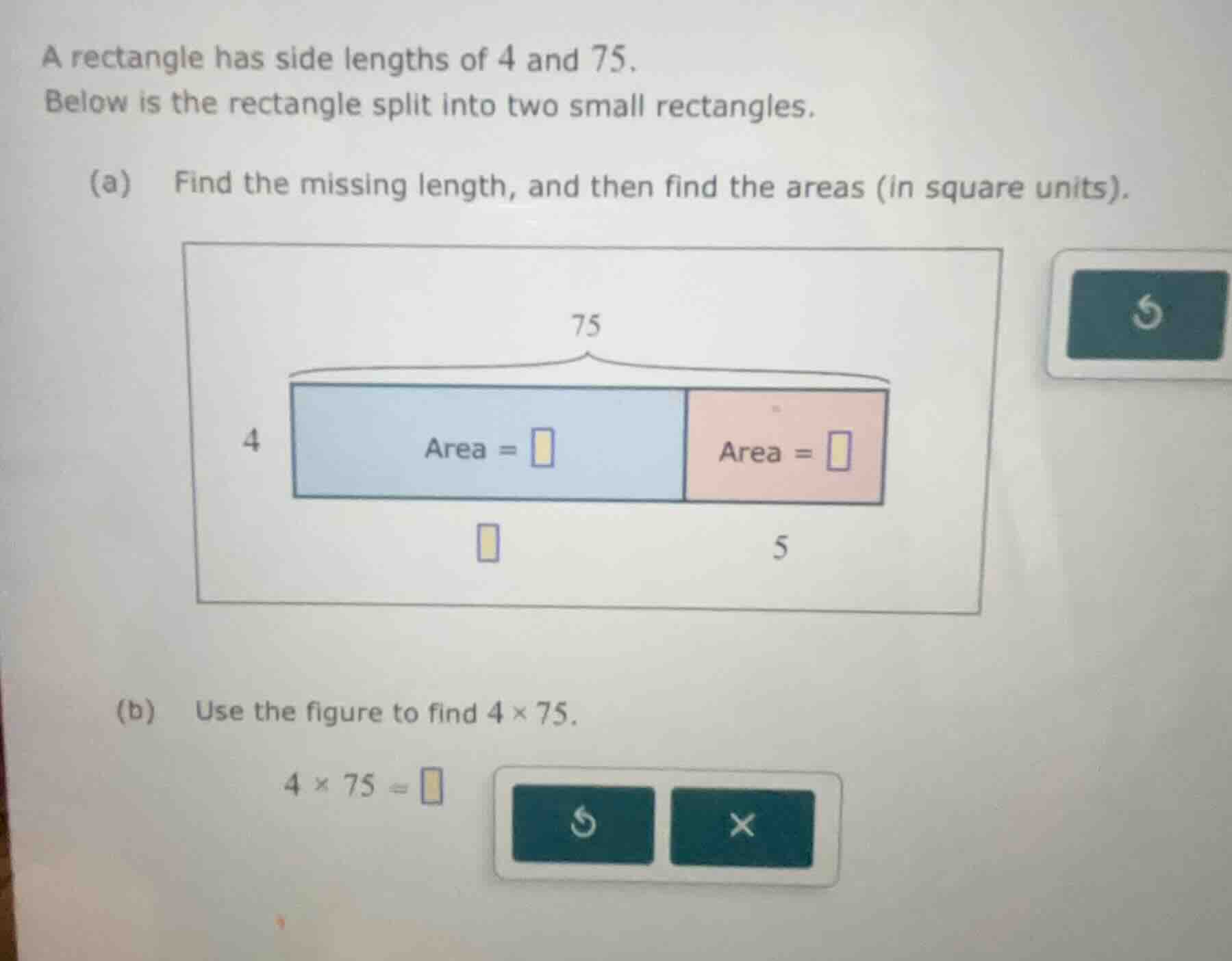 a rectangle has side lengths of 4 and 75. below is the rectangle split …