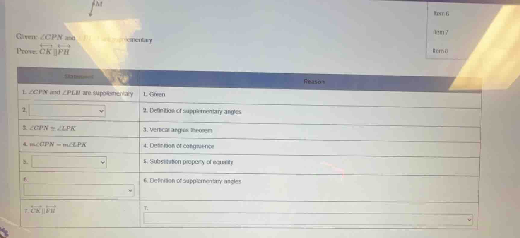 given: ∠cpn and ∠plh are supplementary prove: $overleftrightarrow{ck} \…