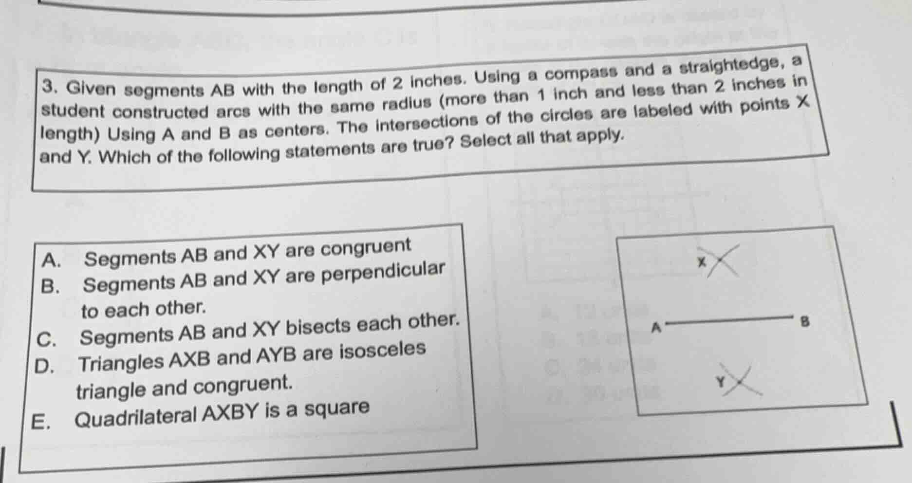 3. given segments ab with the length of 2 inches. using a compass and a…