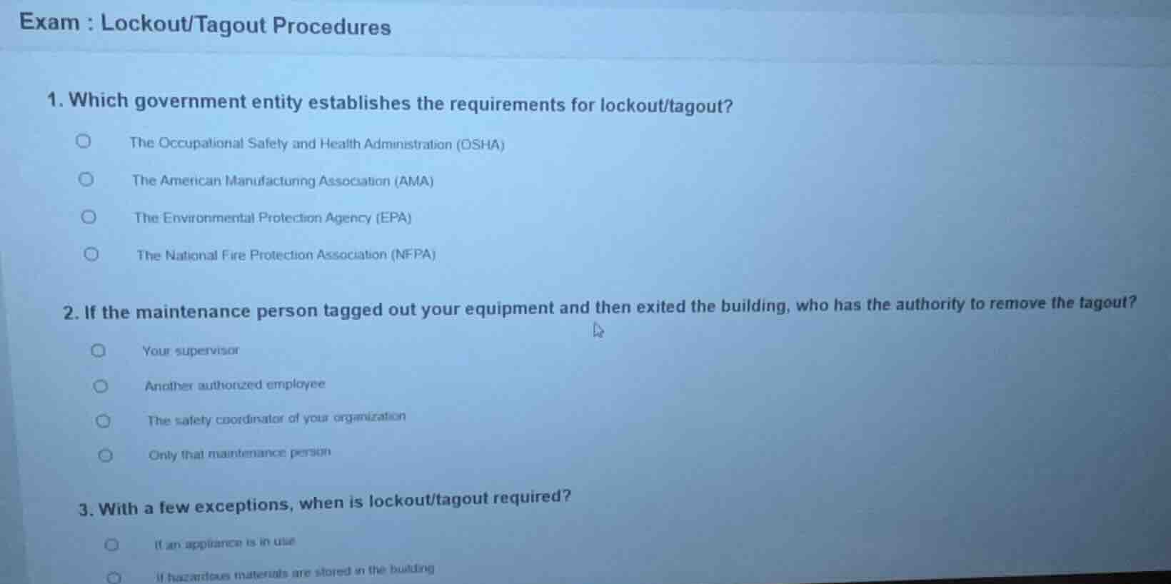exam : lockout/tagout procedures 1. which government entity establishes…