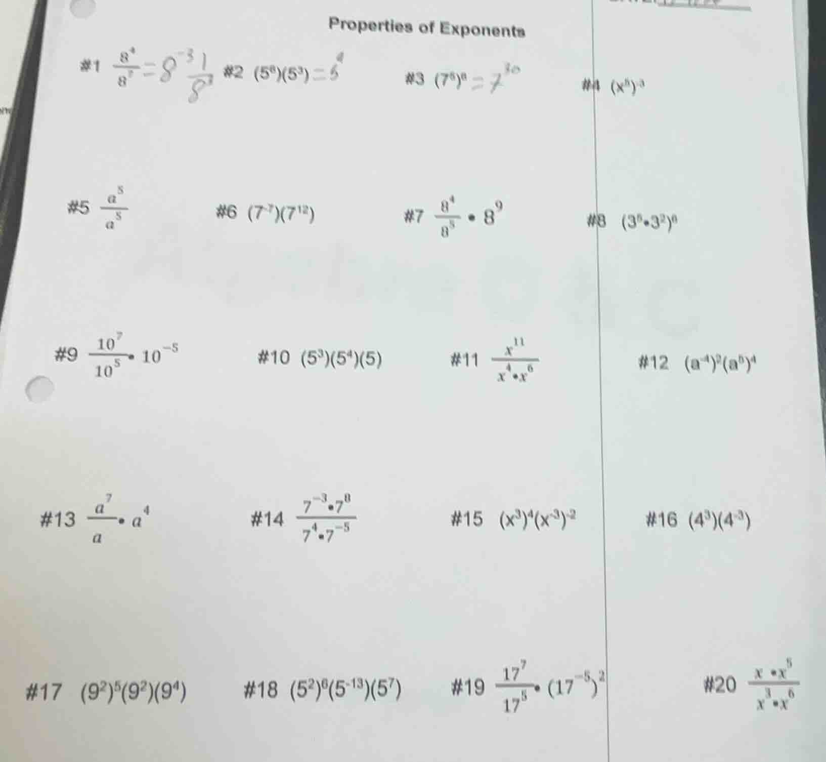 properties of exponents #1 \\(\\frac{8^4}{8^7}\\) #2 \\((5^6)(5^3)\\) #…