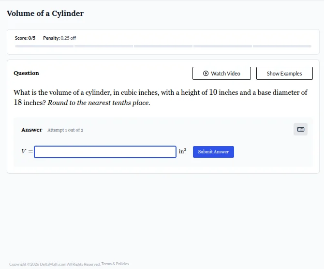 volume of a cylinder score:0/5 penalty: 0.25 off question what is the v…