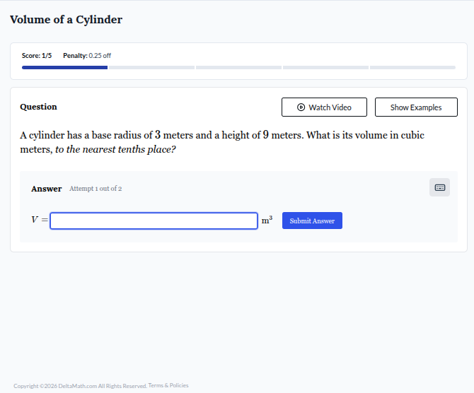volume of a cylinder score: 1/5 penalty: 0.25 off question a cylinder h…