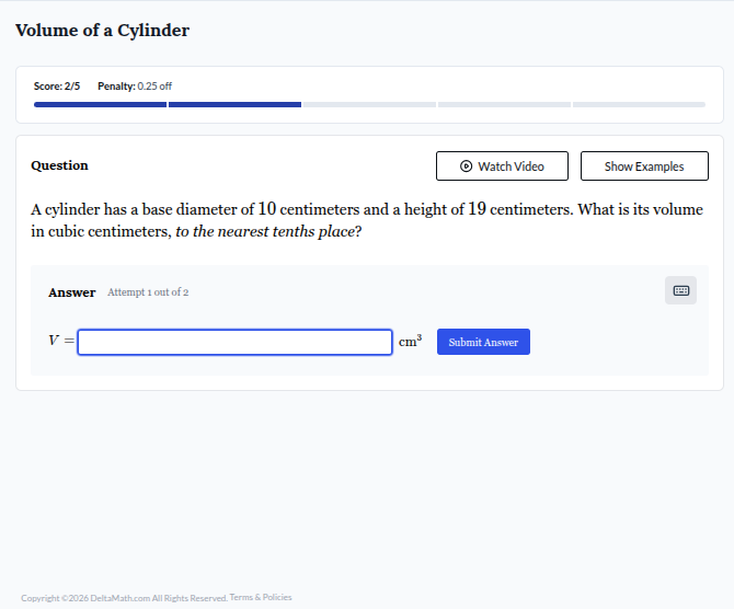 volume of a cylinder score: 2/5 penalty: 0.25 off question a cylinder h…
