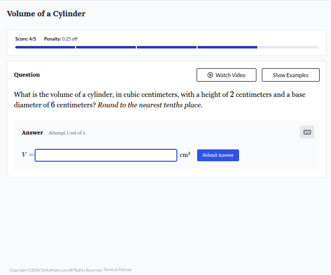 volume of a cylinder score:4/5 penalty: 0.25 off question what is the v…