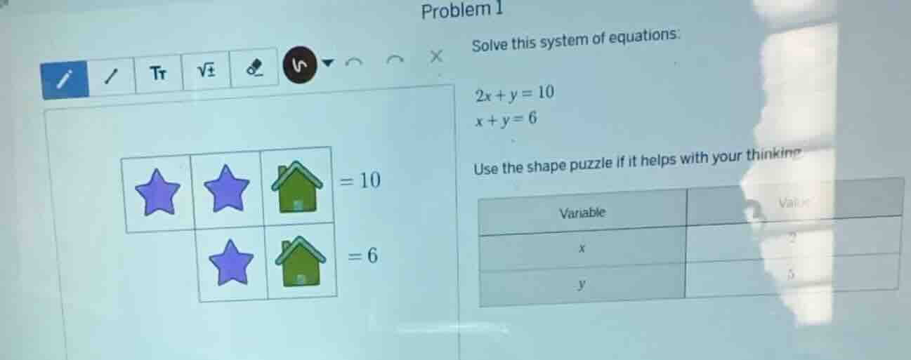 problem 1 solve this system of equations: $2x + y = 10$ $x + y = 6$ use…