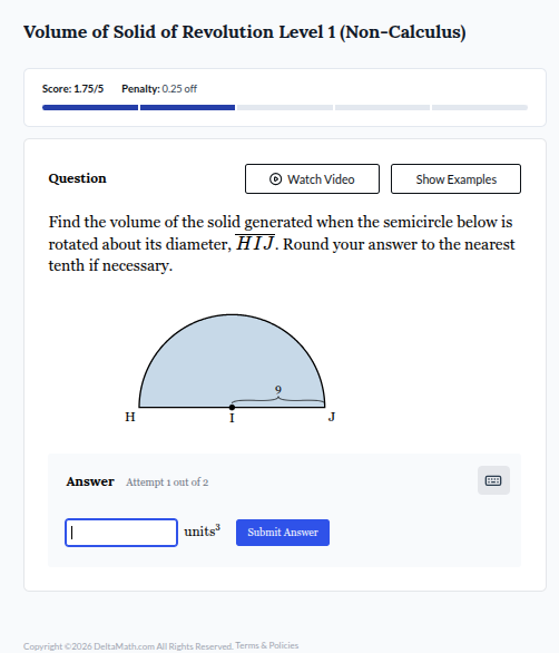 volume of solid of revolution level 1 (non - calculus) score: 1.75/5 pe…