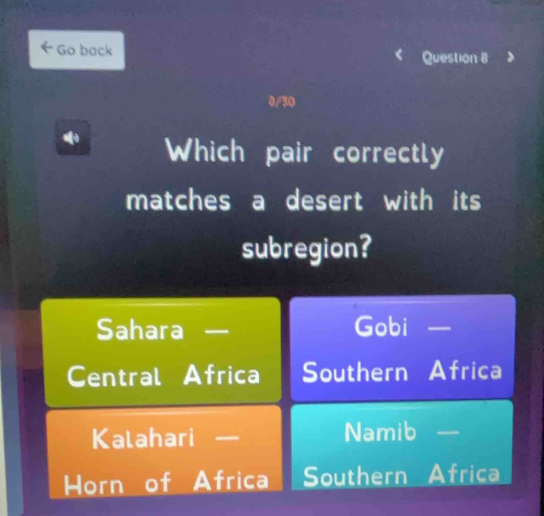 which pair correctly matches a desert with its subregion? sahara — cent…