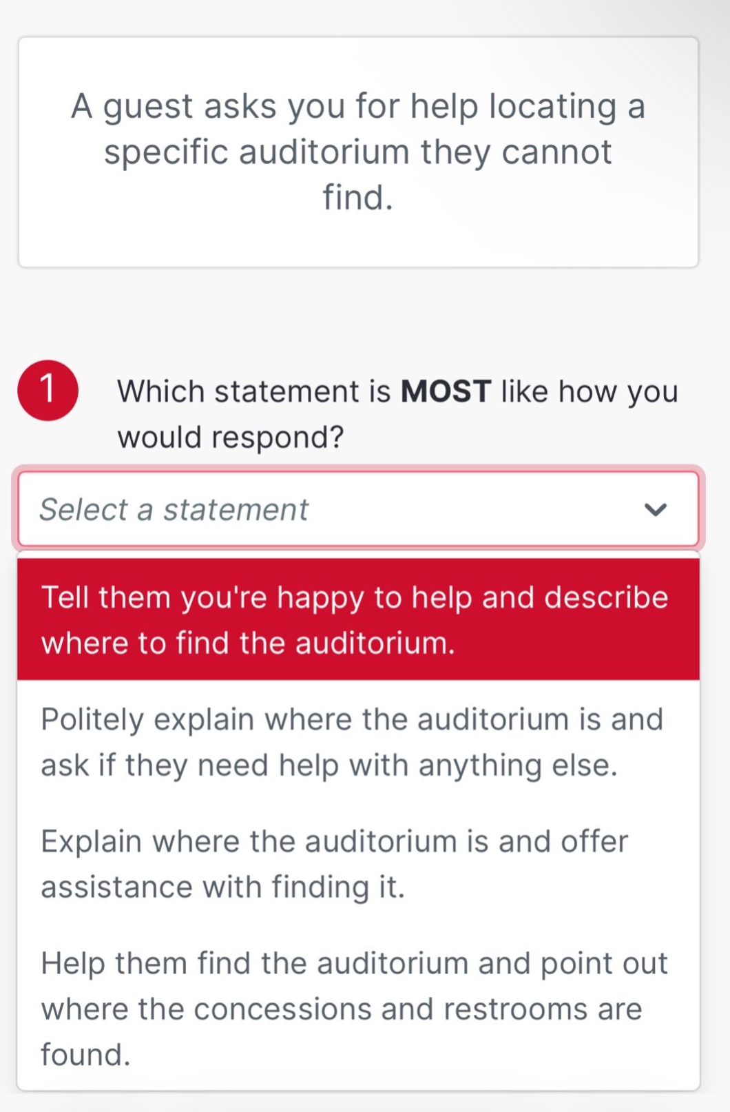 a guest asks you for help locating a specific auditorium they cannot fi…