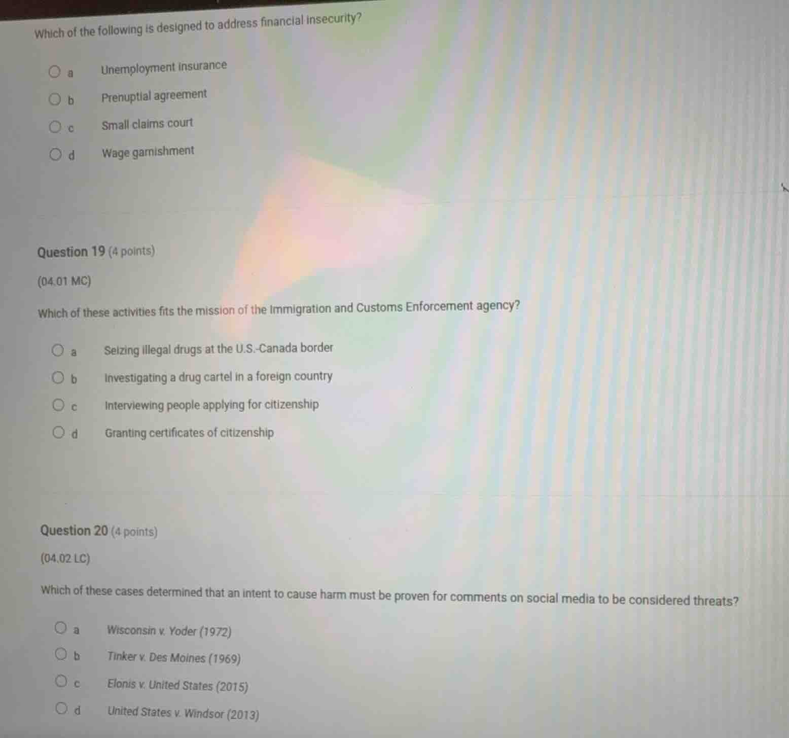 which of the following is designed to address financial insecurity? ○ a…