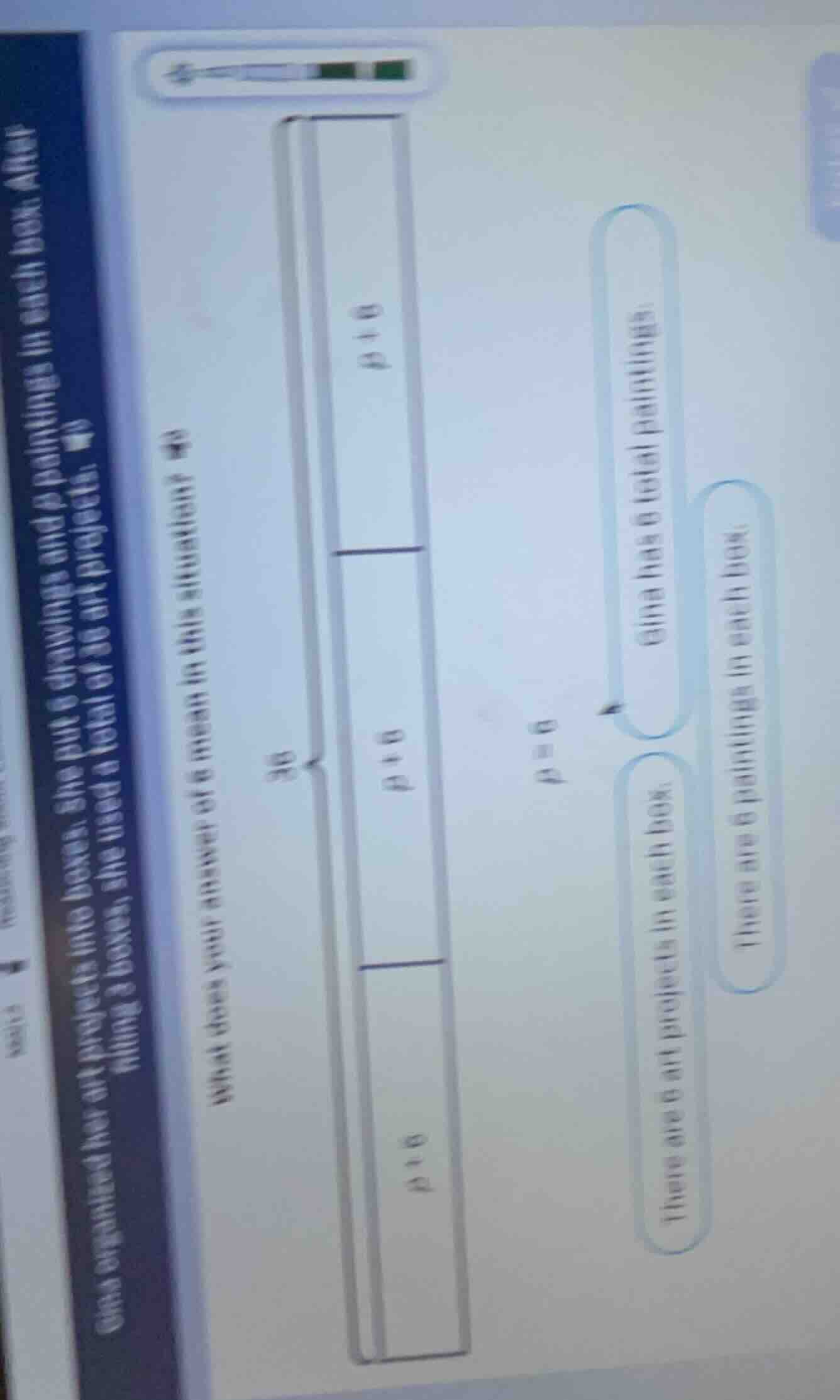 one organized her art projects into boxes. she puts 6 drawings and 6 pa…